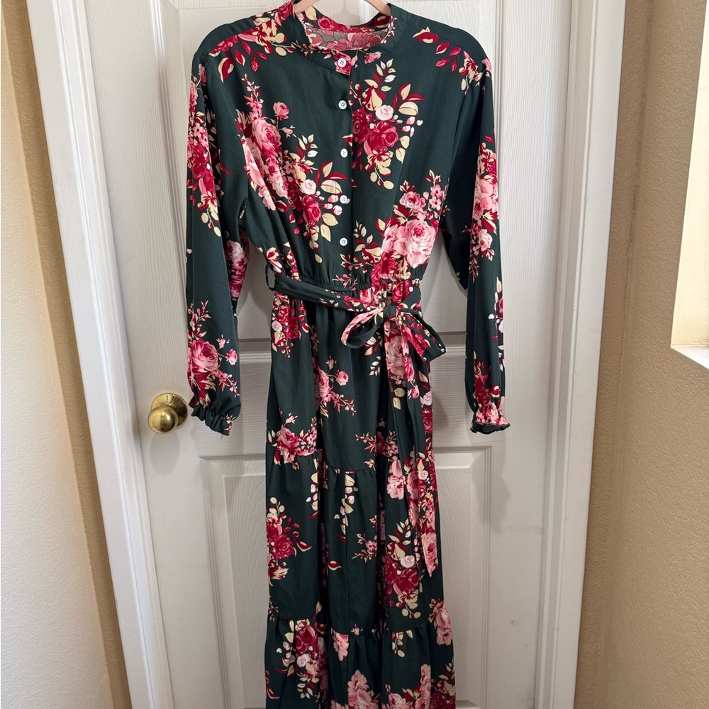 SHEIN Dark Green Floral Long Sleeve Dress